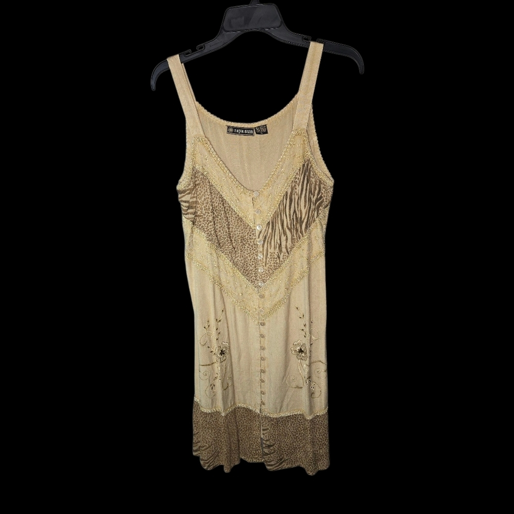 Raya Sun Tan and Brown Dress, Embroidered, Large, Boho - Picture 3 of 11